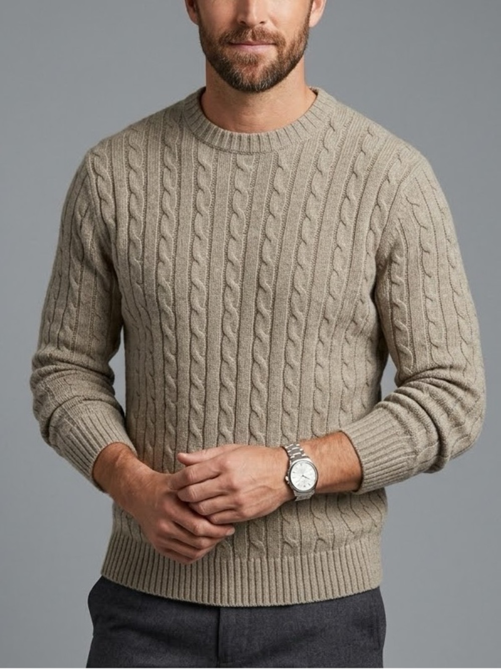 L.L. Bean Wool Blend Fisherman Sweater Crew Neck Cableknit Light Brown Medium